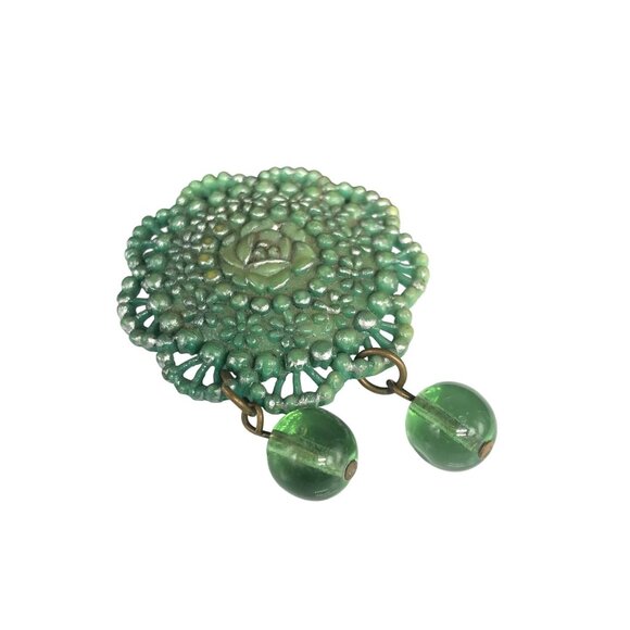 Antique Green Floral Celluloid Rose Brooch with Glass Bead Dangles - Picture 3 of 6